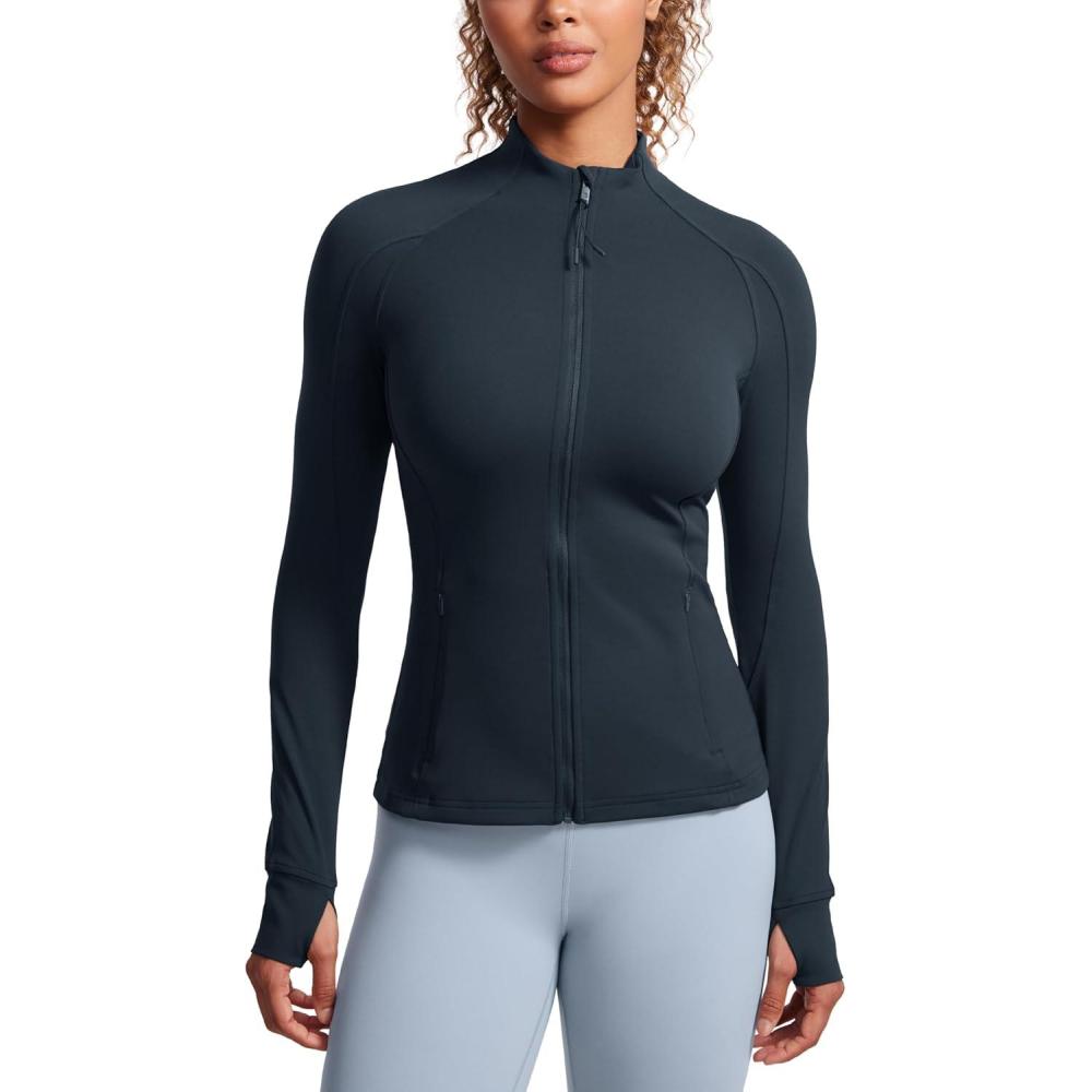 imageCRZ YOGA Butterluxe Hip Length Jackets for Women Full Zip Athletic Track Tops with Thumb Holes PocketsTrue Navy