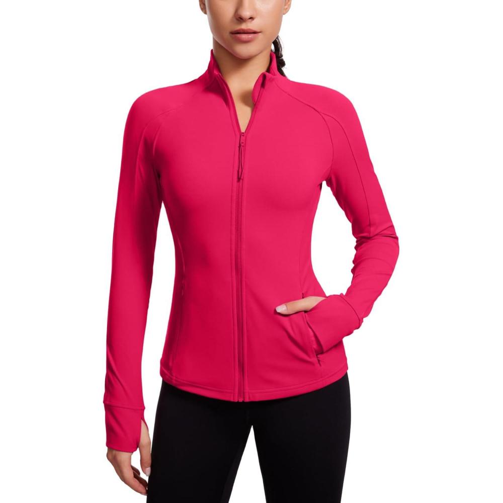 imageCRZ YOGA Butterluxe Hip Length Jackets for Women Full Zip Athletic Track Tops with Thumb Holes PocketsViva Magenta