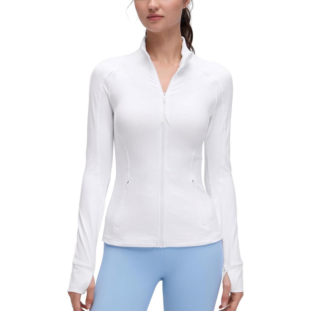 imageCRZ YOGA Butterluxe Hip Length Jackets for Women Full Zip Athletic Track Tops with Thumb Holes PocketsWhite
