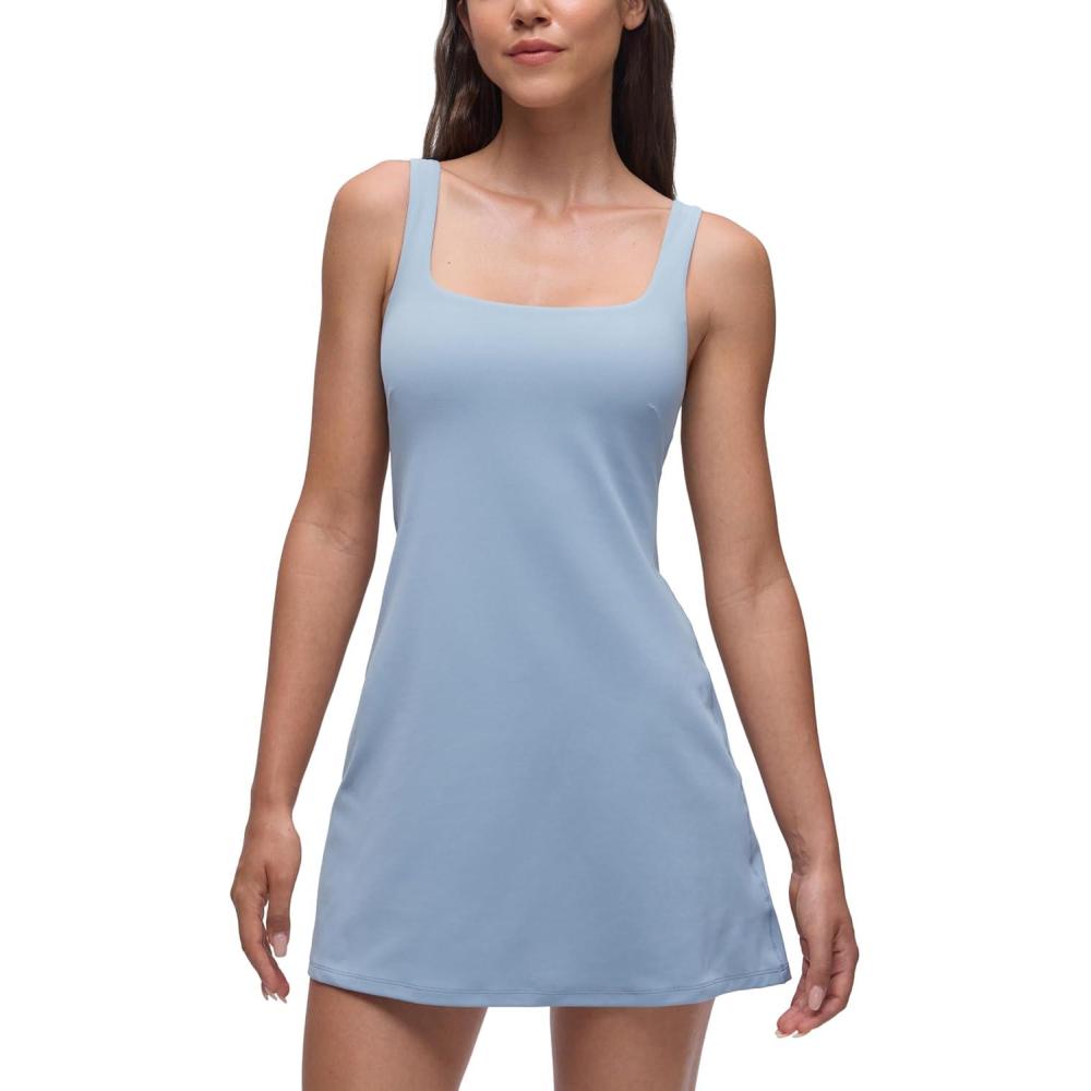 imageCRZ YOGA Butterluxe Linerless Square Neck Tennis Dress for Women A Line Casual Outfits with Shelf Bra No Builtin ShortsCambric Blue