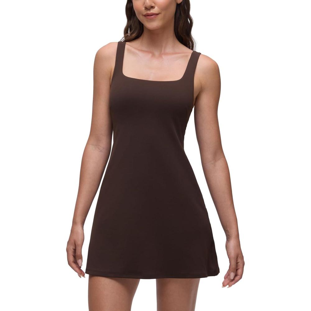 imageCRZ YOGA Butterluxe Linerless Square Neck Tennis Dress for Women A Line Casual Outfits with Shelf Bra No Builtin ShortsHot Fudge Brown