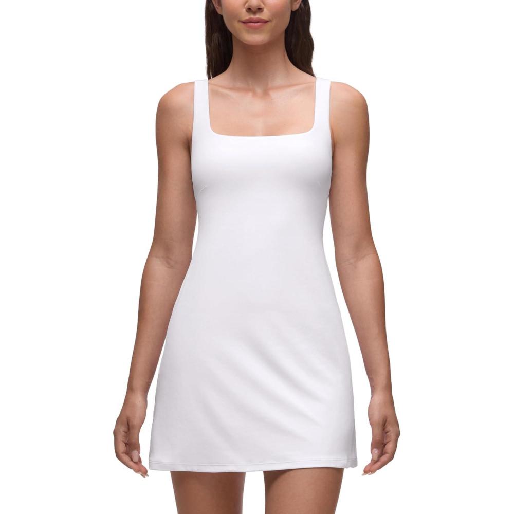 imageCRZ YOGA Butterluxe Linerless Square Neck Tennis Dress for Women A Line Casual Outfits with Shelf Bra No Builtin ShortsWhite