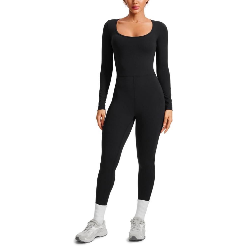 imageCRZ YOGA Butterluxe Long Sleeve Jumpsuits for Women Scoop Neck Casual Yoga One Piece 25quot Leggings RompersBlack