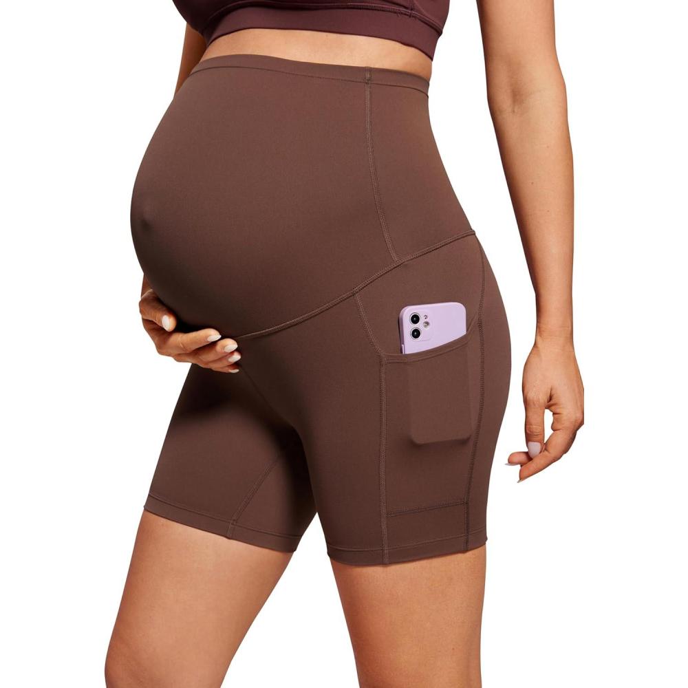 imageCRZ YOGA Butterluxe Maternity Biker Shorts Pockets 5quot Over The Belly Pregnancy Womens Yoga Workout Athletic Buttery SoftCoffee Brown