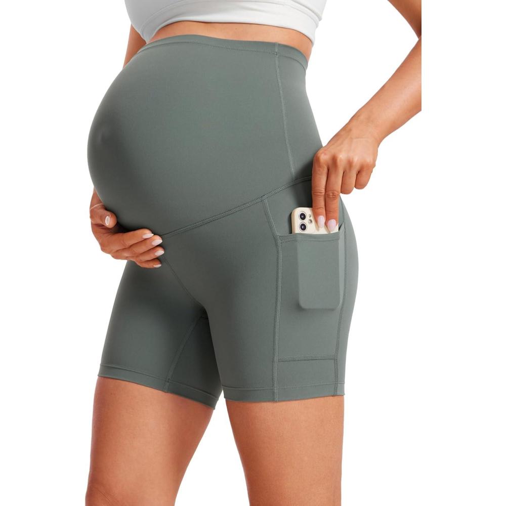 imageCRZ YOGA Butterluxe Maternity Biker Shorts Pockets 5quot Over The Belly Pregnancy Womens Yoga Workout Athletic Buttery SoftGrey Sage