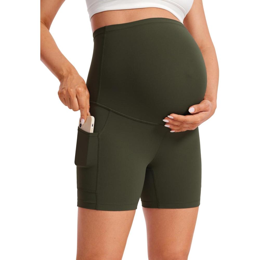 imageCRZ YOGA Butterluxe Maternity Biker Shorts Pockets 5quot Over The Belly Pregnancy Womens Yoga Workout Athletic Buttery SoftOlive Green