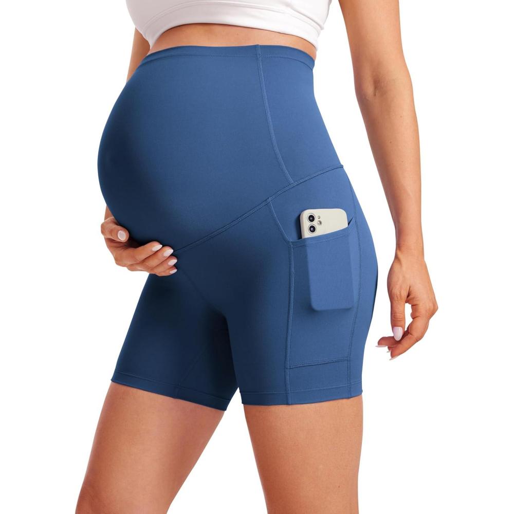 imageCRZ YOGA Butterluxe Maternity Biker Shorts Pockets 5quot Over The Belly Pregnancy Womens Yoga Workout Athletic Buttery SoftPitch Blue