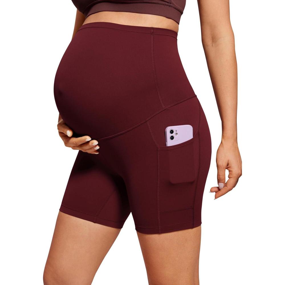 imageCRZ YOGA Butterluxe Maternity Biker Shorts Pockets 5quot Over The Belly Pregnancy Womens Yoga Workout Athletic Buttery SoftRed Merlot