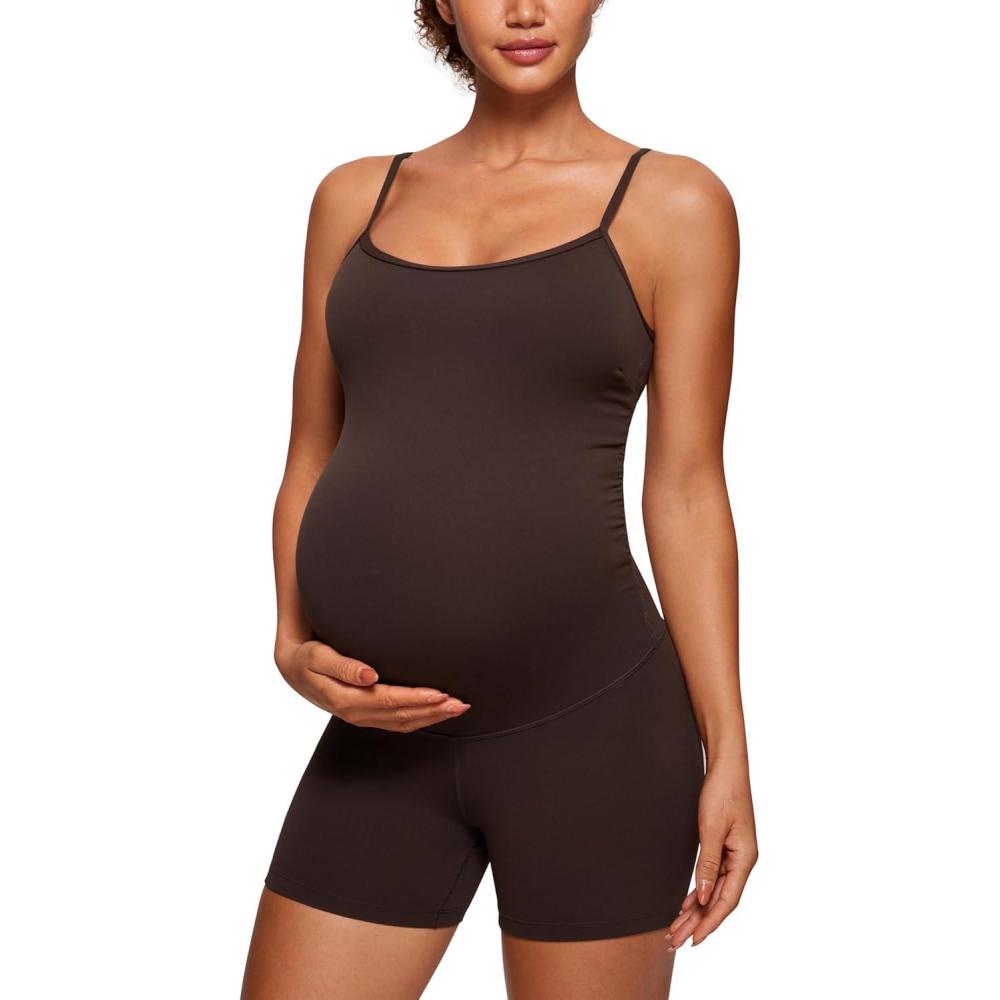 imageCRZ YOGA Butterluxe Maternity Cami Strap Workout Romper U Neck Casual Shorts Jumpsuit Pregnancy Womens Tank Top BodysuitHot Fudge Brown
