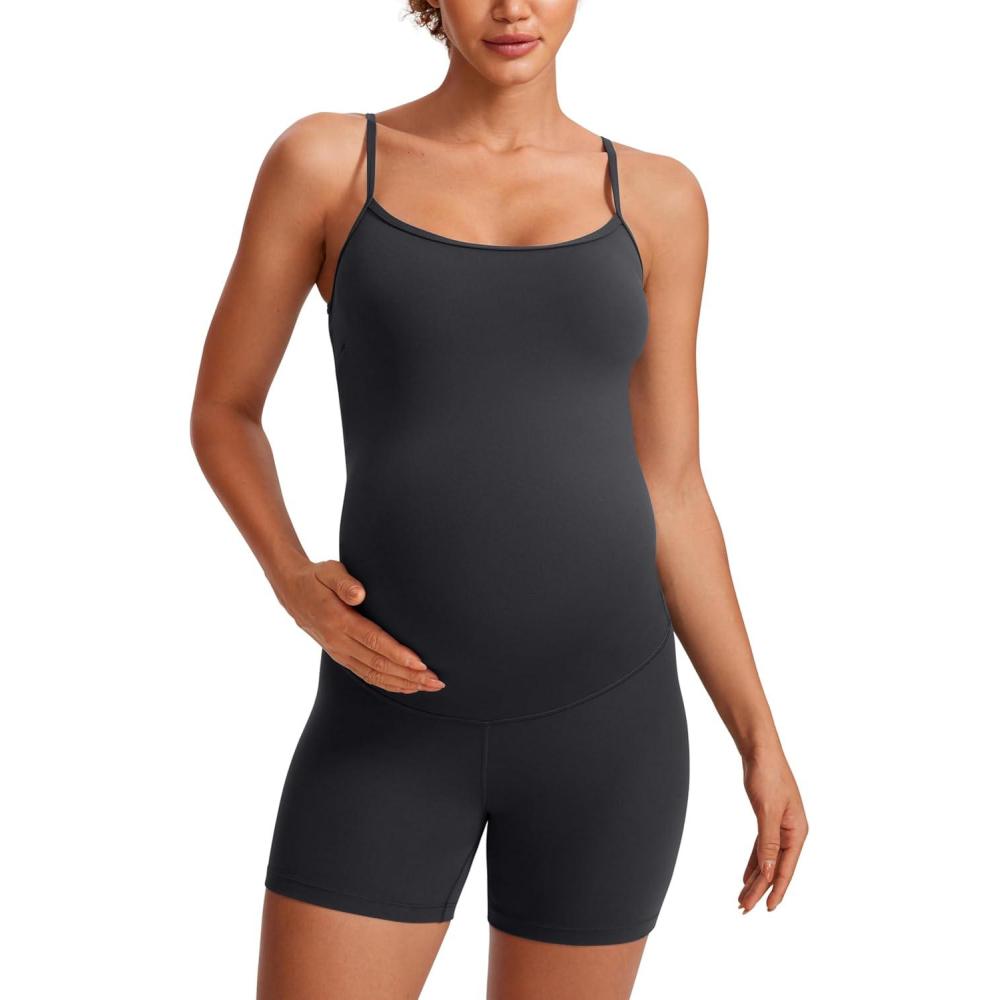 imageCRZ YOGA Butterluxe Maternity Cami Strap Workout Romper U Neck Casual Shorts Jumpsuit Pregnancy Womens Tank Top BodysuitMysterious Grey