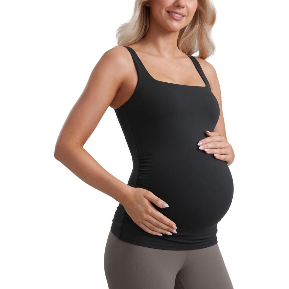 imageCRZ YOGA Butterluxe Maternity Square Neck Tank Tops Ruched Sleeveless Womens Pregnancy Yoga Tee Shirt with Built in BraBlack
