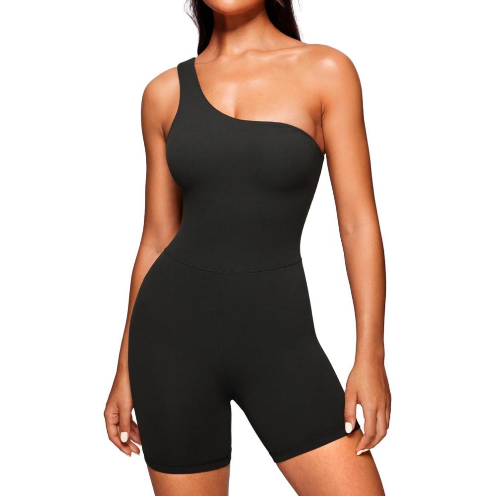 imageCRZ YOGA Butterluxe One Shoulder Athletic Rompers for Women Removable Padded Shorts Jumpsuit One Piece Stretchy BodysuitBlack