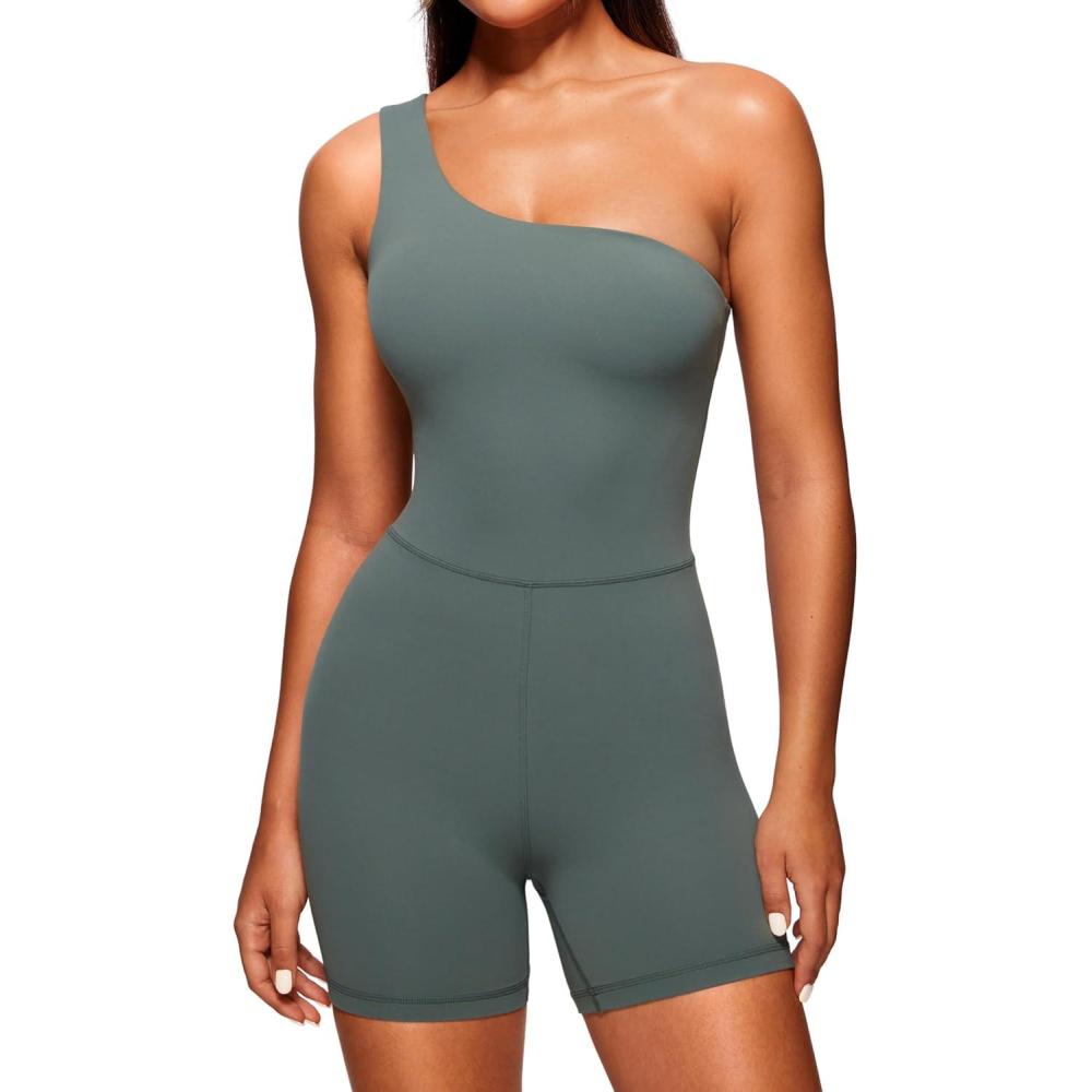 imageCRZ YOGA Butterluxe One Shoulder Athletic Rompers for Women Removable Padded Shorts Jumpsuit One Piece Stretchy BodysuitGrey Sage