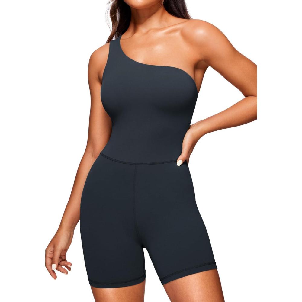 imageCRZ YOGA Butterluxe One Shoulder Athletic Rompers for Women Removable Padded Shorts Jumpsuit One Piece Stretchy BodysuitTrue Navy