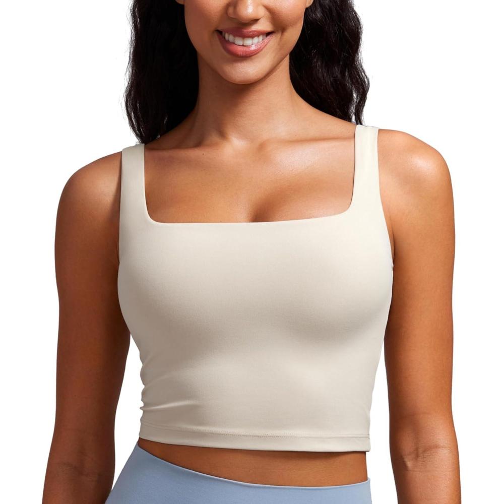 imageCRZ YOGA Butterluxe Square Neck Crop Tank Tops for Women Workout Longline Sports Bras Padded Yoga CamisoleMojave Tan