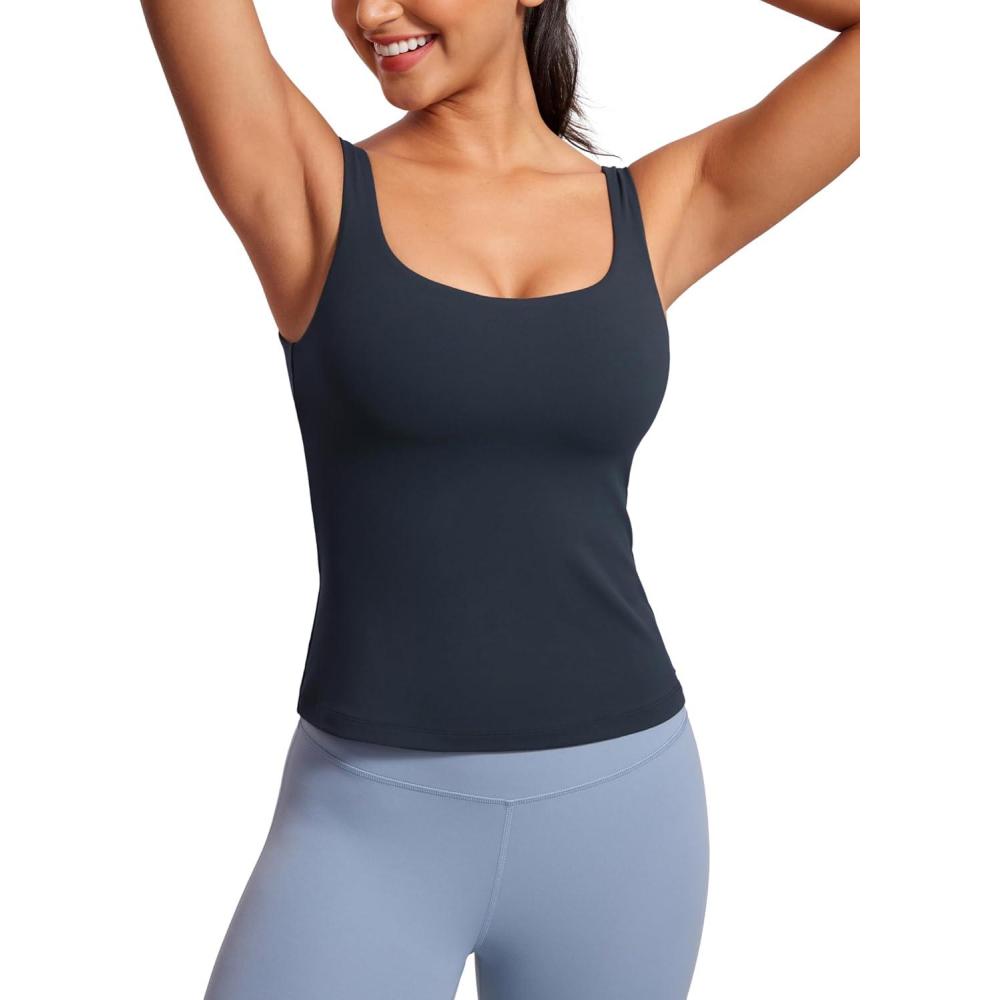 imageCRZ YOGA Butterluxe U Neck Tank Tops for Women Padded Athletic Workout Camisole Crop Tops with Built in BraTrue Navy