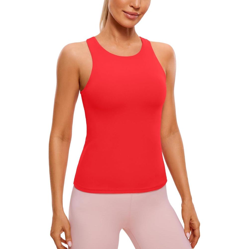 imageCRZ YOGA Butterluxe Workout Tank Tops for Women Racerback Padded High Neck Yoga Athletic Shirt with Built in BraDeep Red