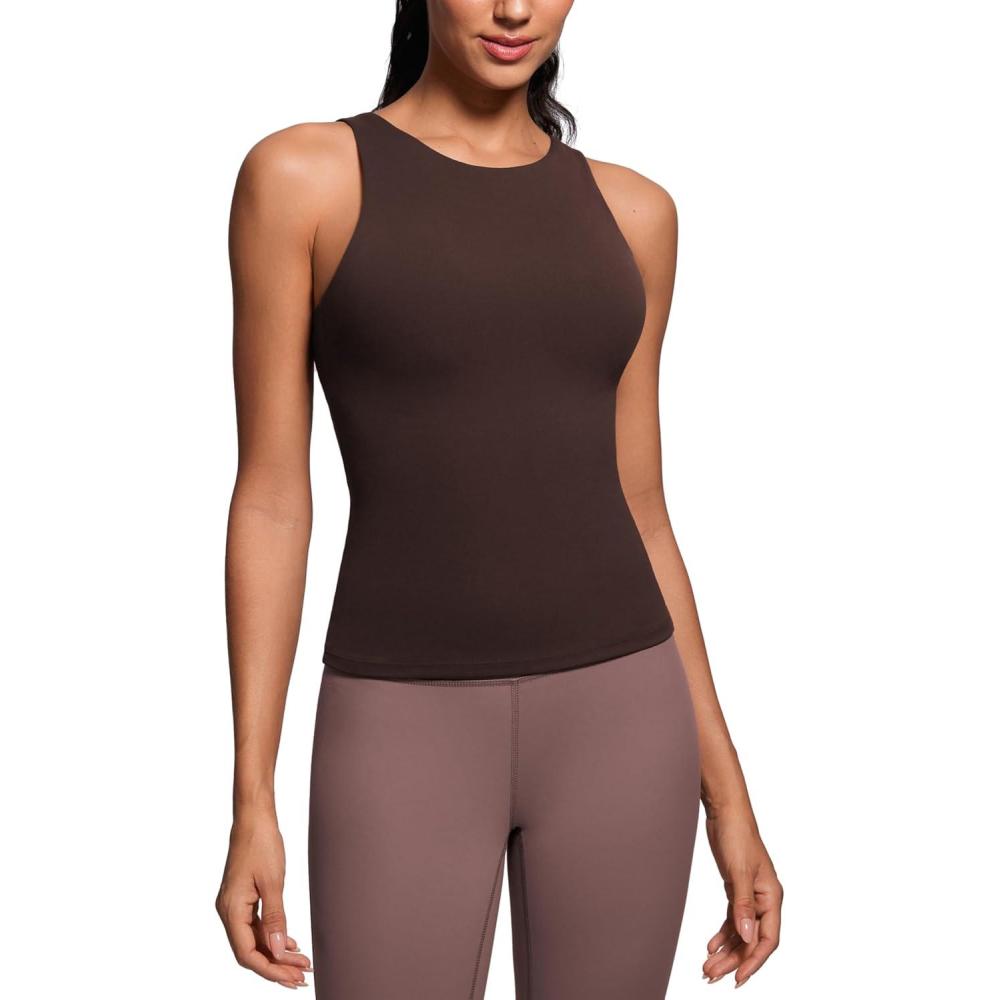 imageCRZ YOGA Butterluxe Workout Tank Tops for Women Racerback Padded High Neck Yoga Athletic Shirt with Built in BraHot Fudge Brown
