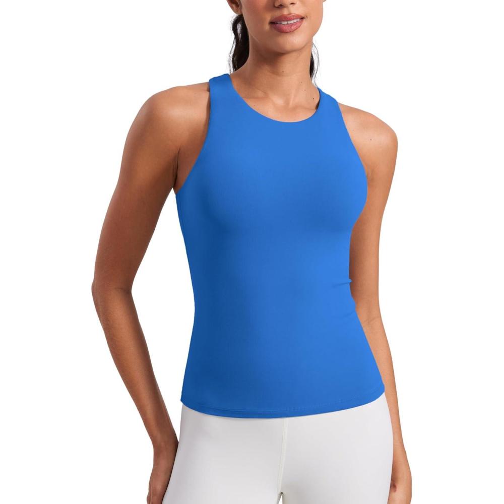 imageCRZ YOGA Butterluxe Workout Tank Tops for Women Racerback Padded High Neck Yoga Athletic Shirt with Built in BraSparkle Blue