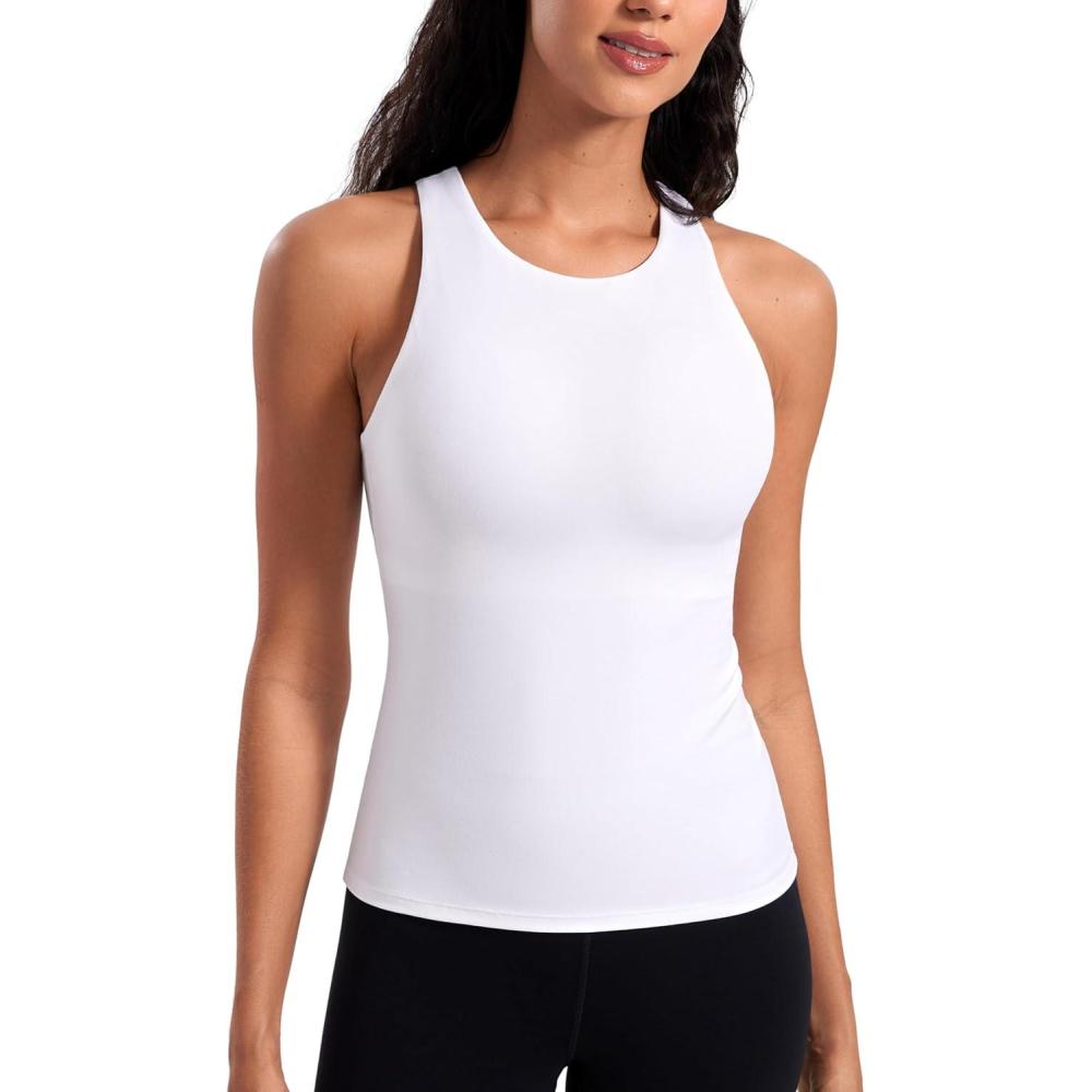 imageCRZ YOGA Butterluxe Workout Tank Tops for Women Racerback Padded High Neck Yoga Athletic Shirt with Built in BraWhite