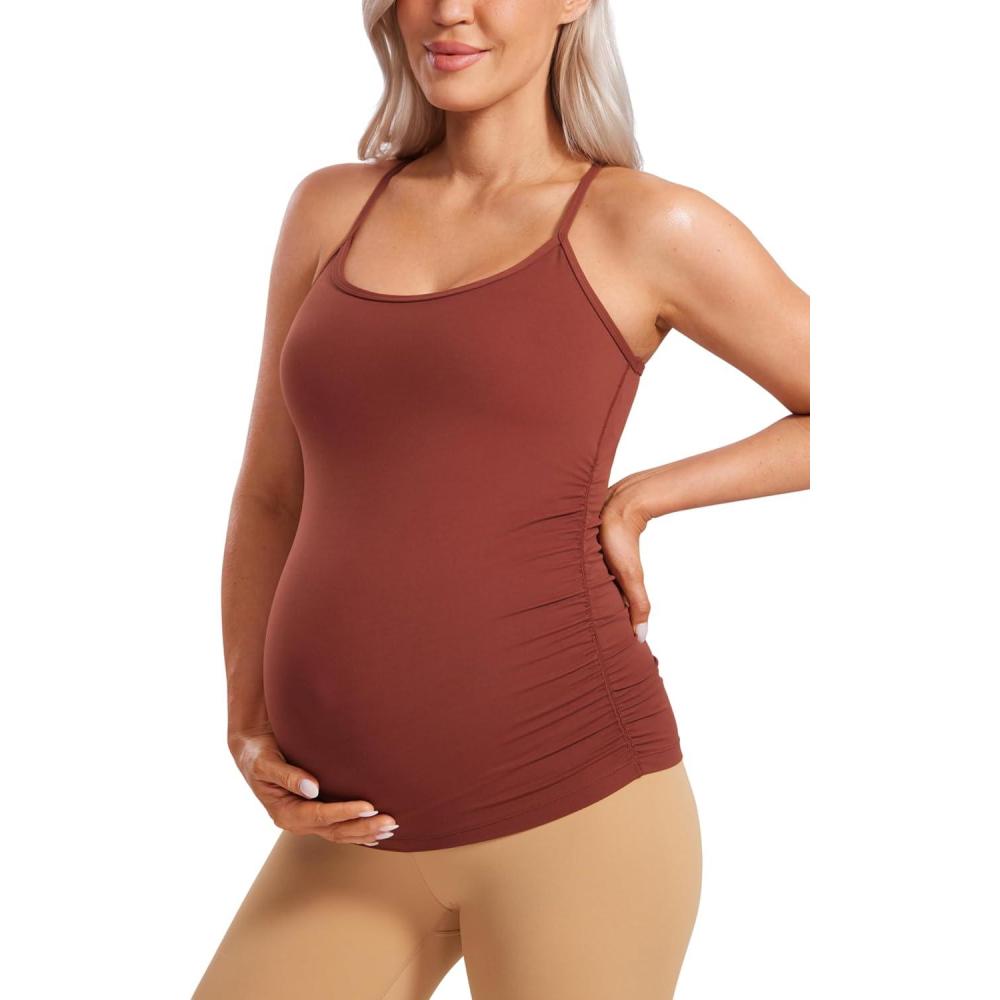 imageCRZ YOGA Butterluxe Y Back Maternity Tank Tops for Women Ruched Pregnancy Basic Camisole Sleeveless Athletic Yoga ShirtsJujube Brown