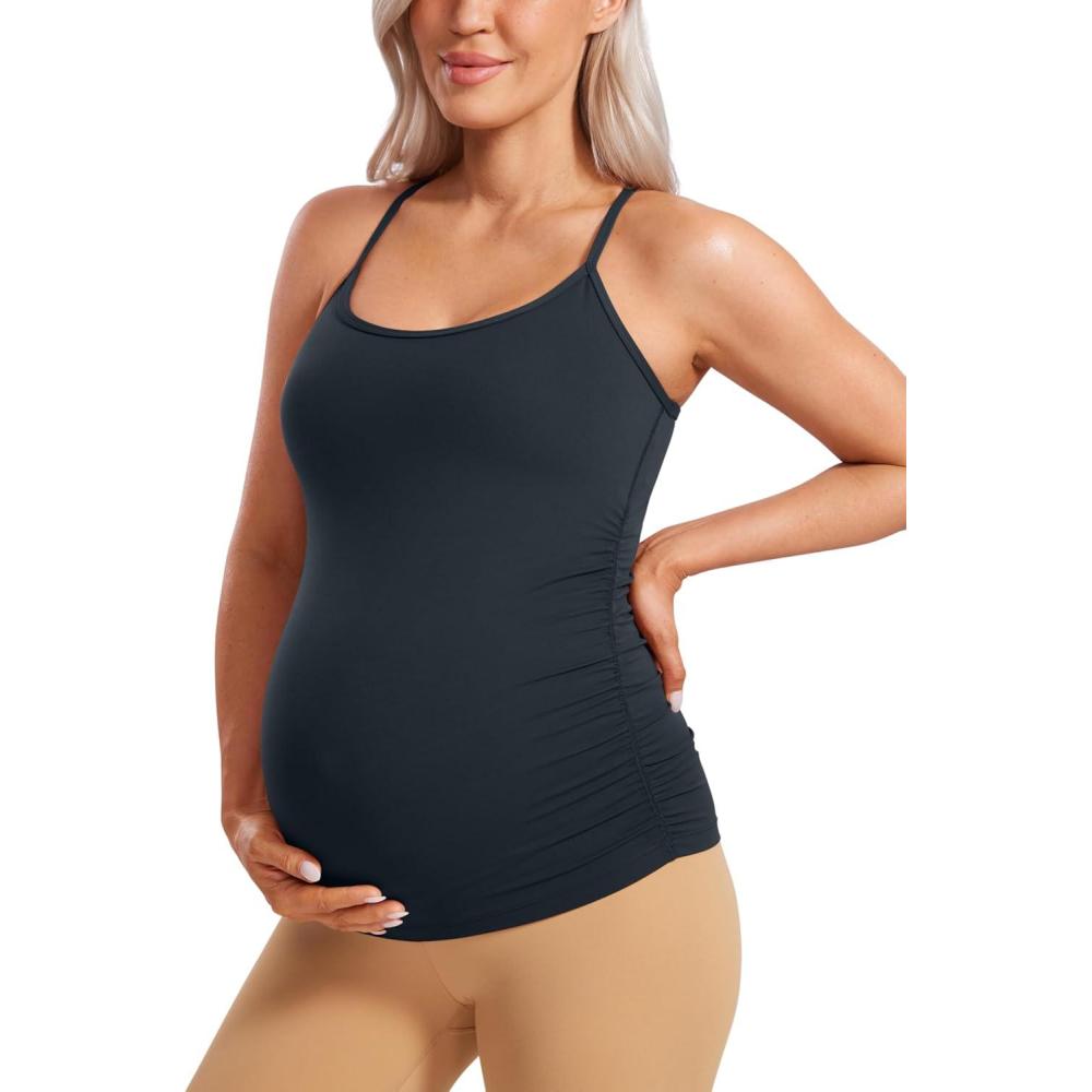 imageCRZ YOGA Butterluxe Y Back Maternity Tank Tops for Women Ruched Pregnancy Basic Camisole Sleeveless Athletic Yoga ShirtsTrue Navy