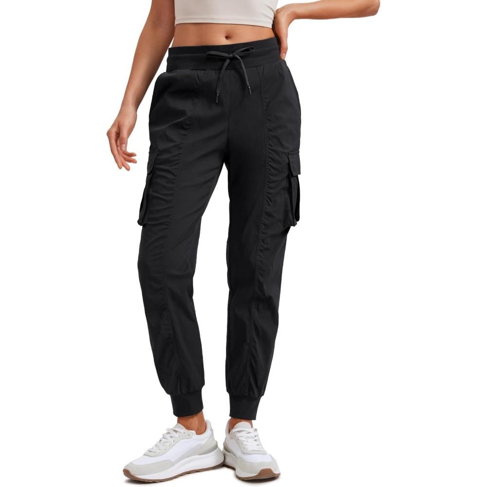 imageCRZ YOGA Cargo Joggers for Women Lightweight Ruched Workout Casual Travel Athletic Hiking Pants with PocketsBlack