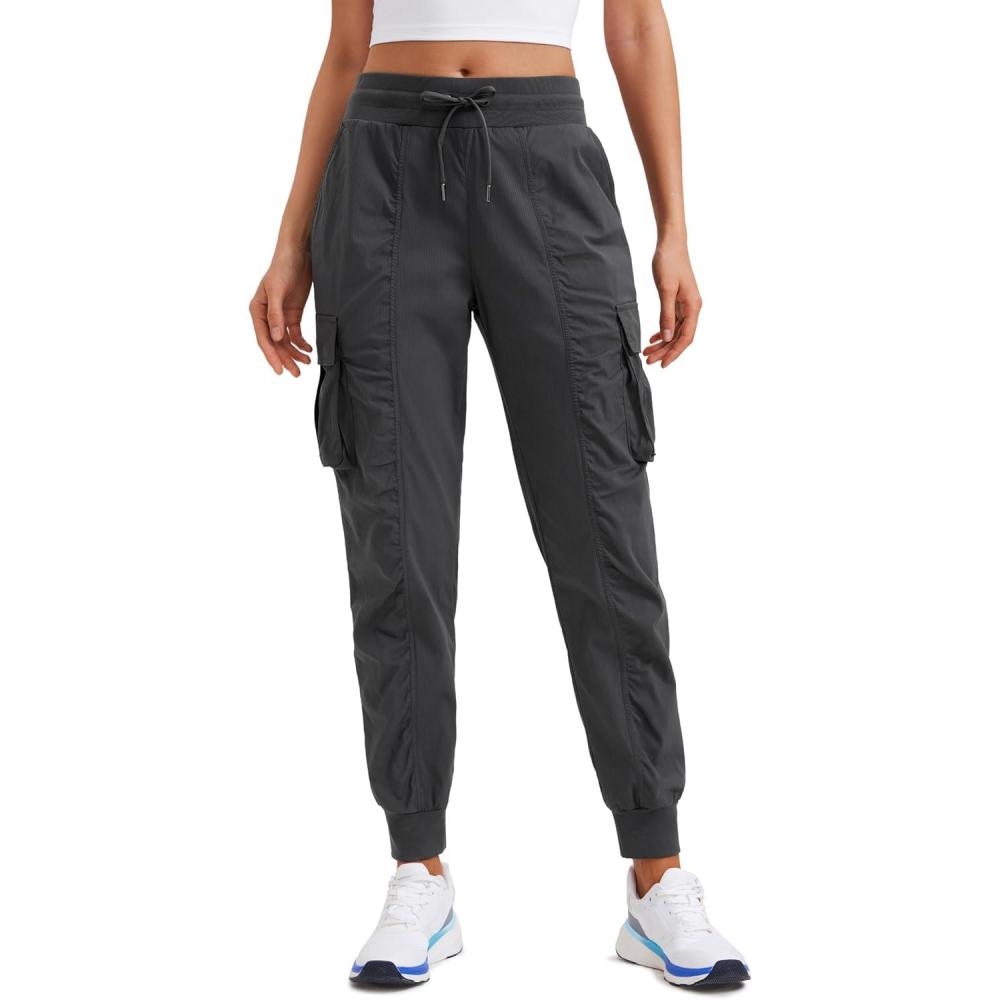 imageCRZ YOGA Cargo Joggers for Women Lightweight Ruched Workout Casual Travel Athletic Hiking Pants with PocketsInk Gray