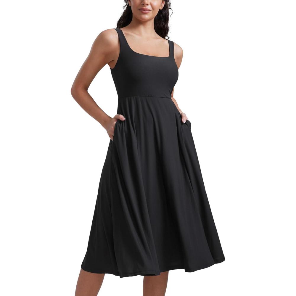 imageCRZ YOGA Cloudweight Double Lined Square Neck Midi Dresses for Women Casual Summer Sleeveless Outfits with Side PocketsBlack