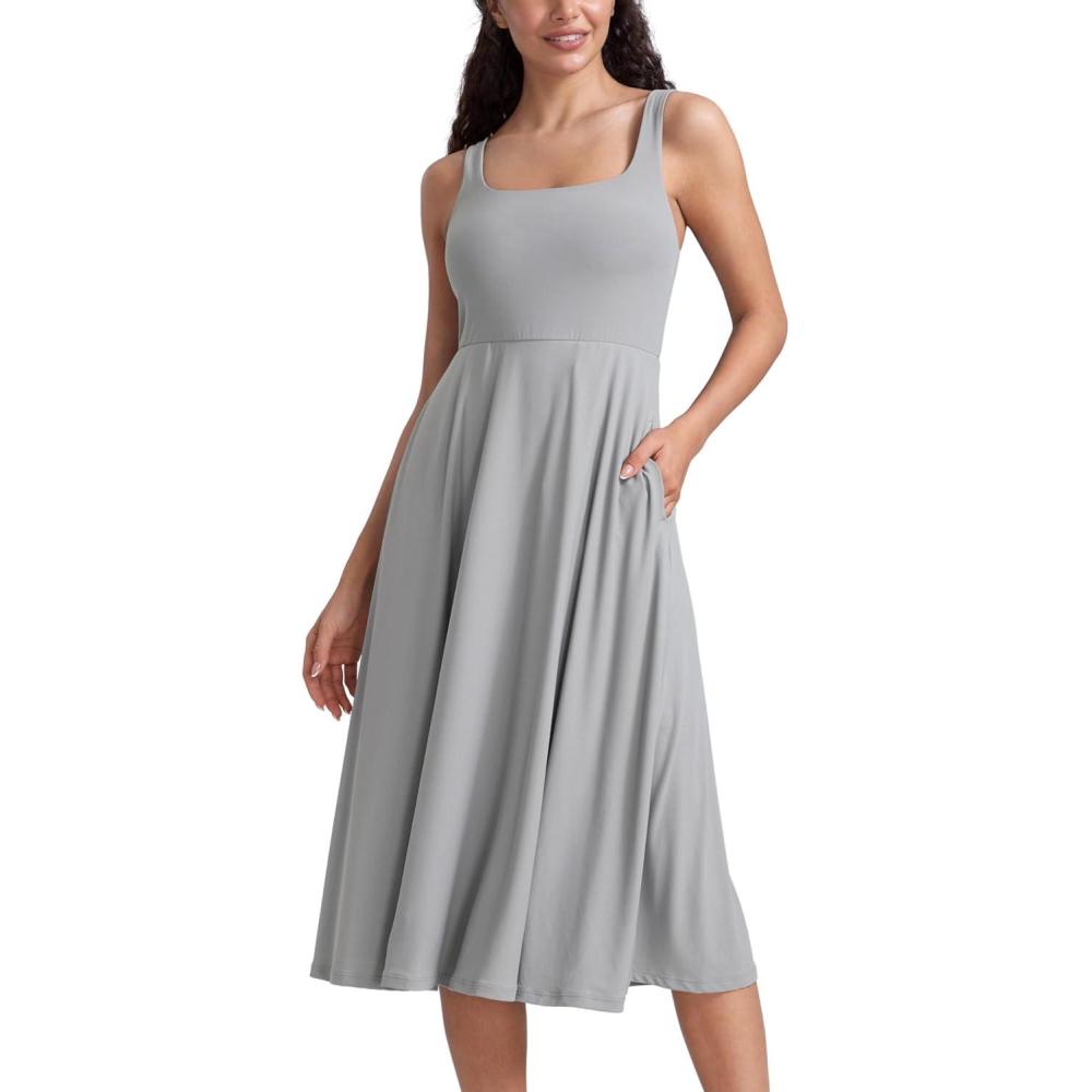 imageCRZ YOGA Cloudweight Double Lined Square Neck Midi Dresses for Women Casual Summer Sleeveless Outfits with Side PocketsSilver Gray