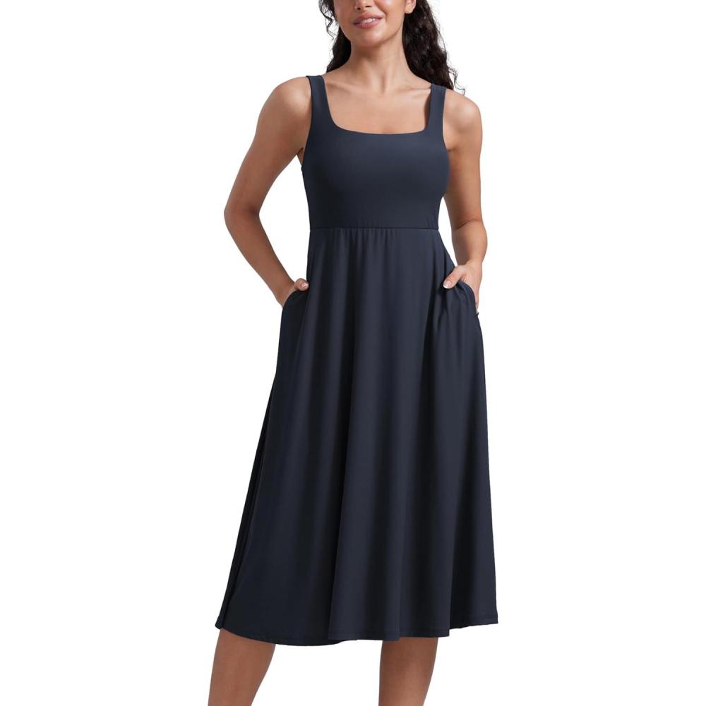 imageCRZ YOGA Cloudweight Double Lined Square Neck Midi Dresses for Women Casual Summer Sleeveless Outfits with Side PocketsTrue Navy
