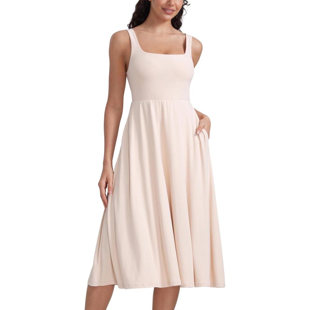 imageCRZ YOGA Cloudweight Double Lined Square Neck Midi Dresses for Women Casual Summer Sleeveless Outfits with Side PocketsWhite Opal