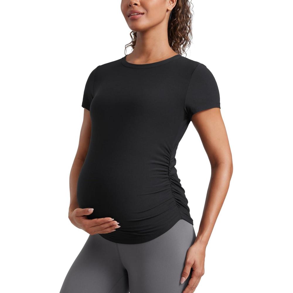 imageCRZ YOGA Cloudweight Maternity Shirts for Women Pregnancy Short Sleeve Side Ruched Tops Soft Workout Casual Athletic TShirtBlack