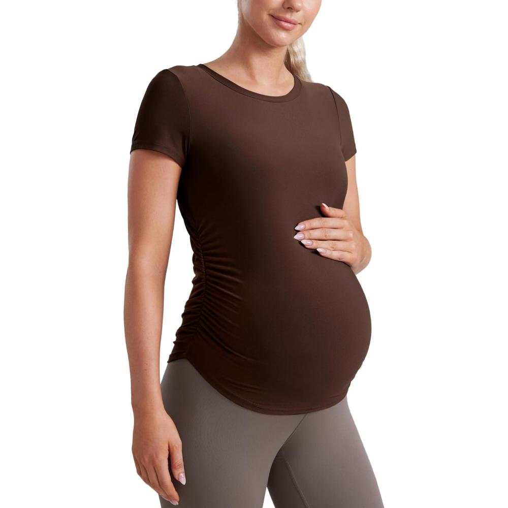 imageCRZ YOGA Cloudweight Maternity Shirts for Women Pregnancy Short Sleeve Side Ruched Tops Soft Workout Casual Athletic TShirtCoffee Brown