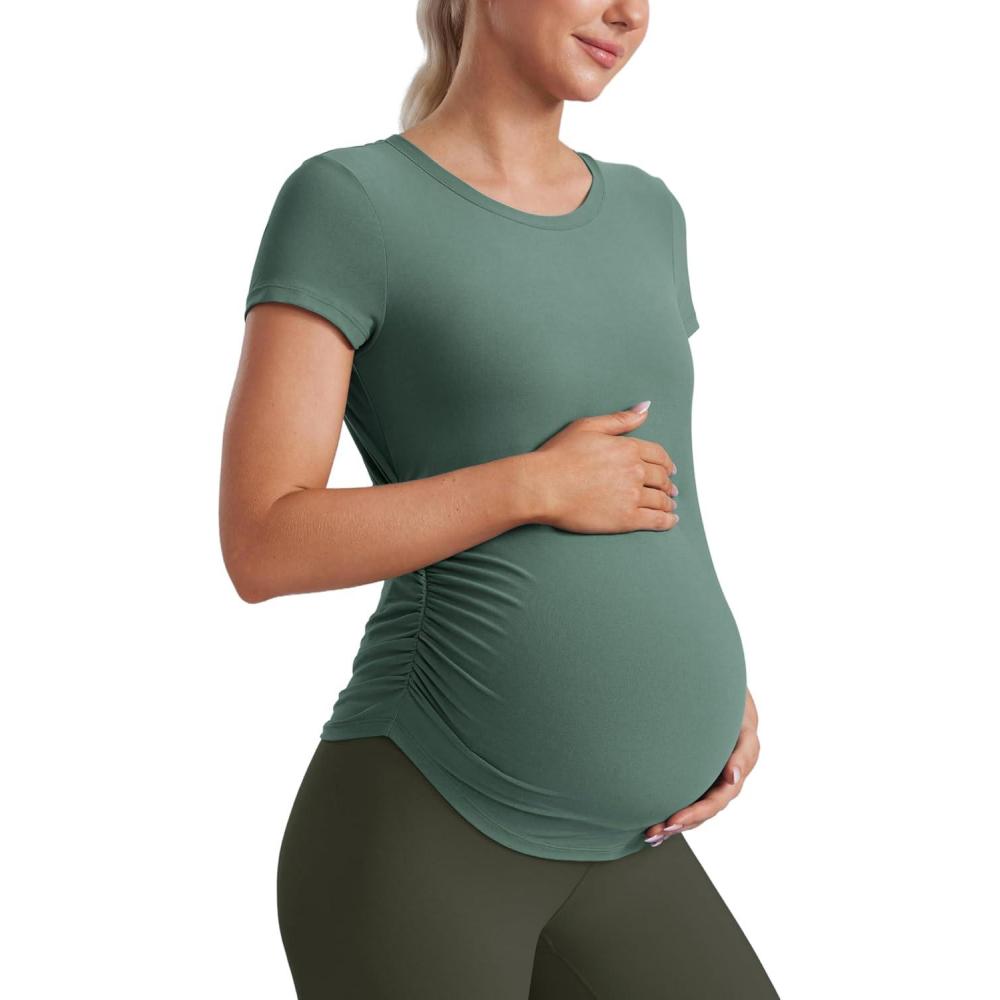 imageCRZ YOGA Cloudweight Maternity Shirts for Women Pregnancy Short Sleeve Side Ruched Tops Soft Workout Casual Athletic TShirtGraphite Green