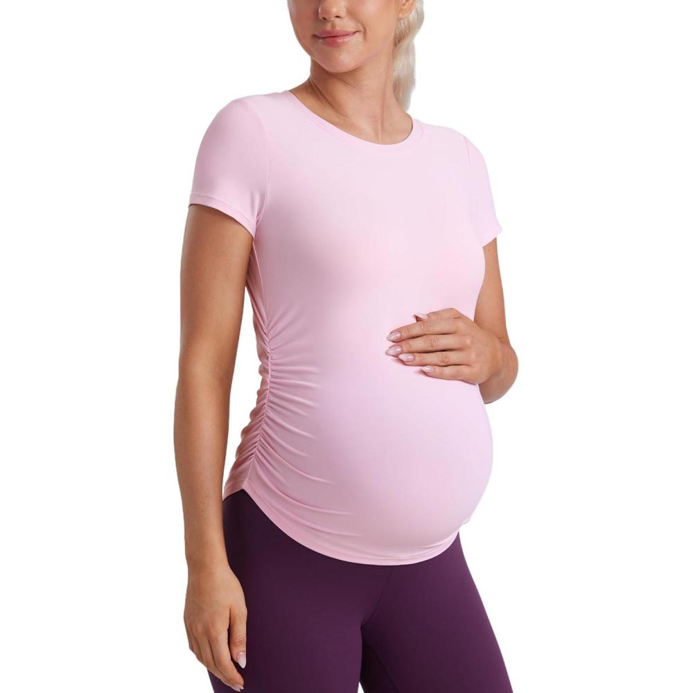 imageCRZ YOGA Cloudweight Maternity Shirts for Women Pregnancy Short Sleeve Side Ruched Tops Soft Workout Casual Athletic TShirtPink Peony