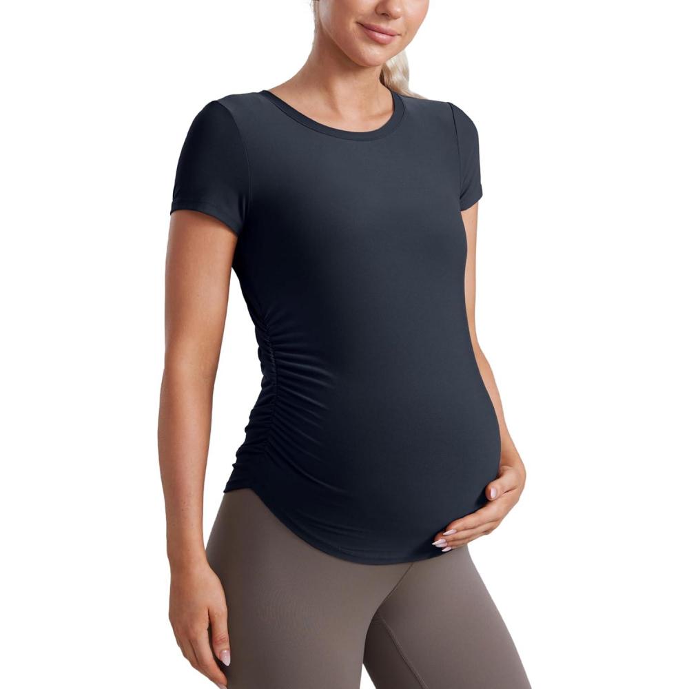 imageCRZ YOGA Cloudweight Maternity Shirts for Women Pregnancy Short Sleeve Side Ruched Tops Soft Workout Casual Athletic TShirtTrue Navy