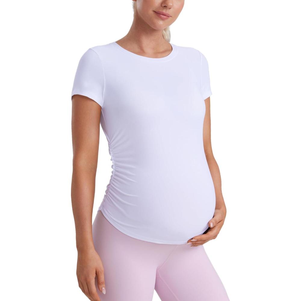 imageCRZ YOGA Cloudweight Maternity Shirts for Women Pregnancy Short Sleeve Side Ruched Tops Soft Workout Casual Athletic TShirtWhite
