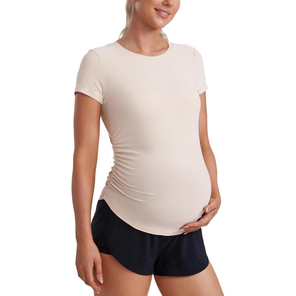 imageCRZ YOGA Cloudweight Maternity Shirts for Women Pregnancy Short Sleeve Side Ruched Tops Soft Workout Casual Athletic TShirtWhite Opal