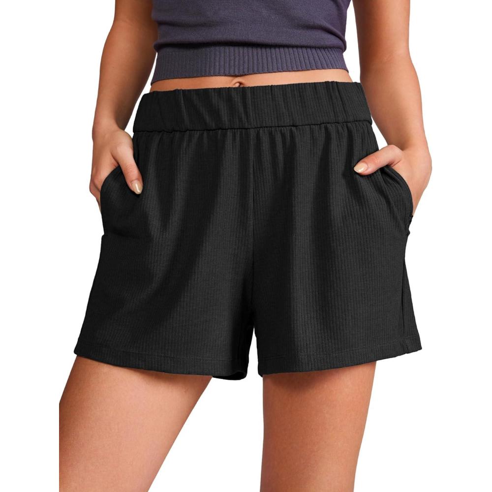 imageCRZ YOGA Comfy Ribbed Sweat Shorts for Women 3quot High Waisted Lyocell for Casual Lounge Athletic Jersey with PocketsBlack