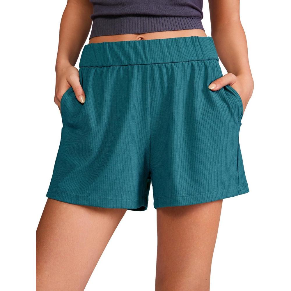 imageCRZ YOGA Comfy Ribbed Sweat Shorts for Women 3quot High Waisted Lyocell for Casual Lounge Athletic Jersey with PocketsBorealis Green