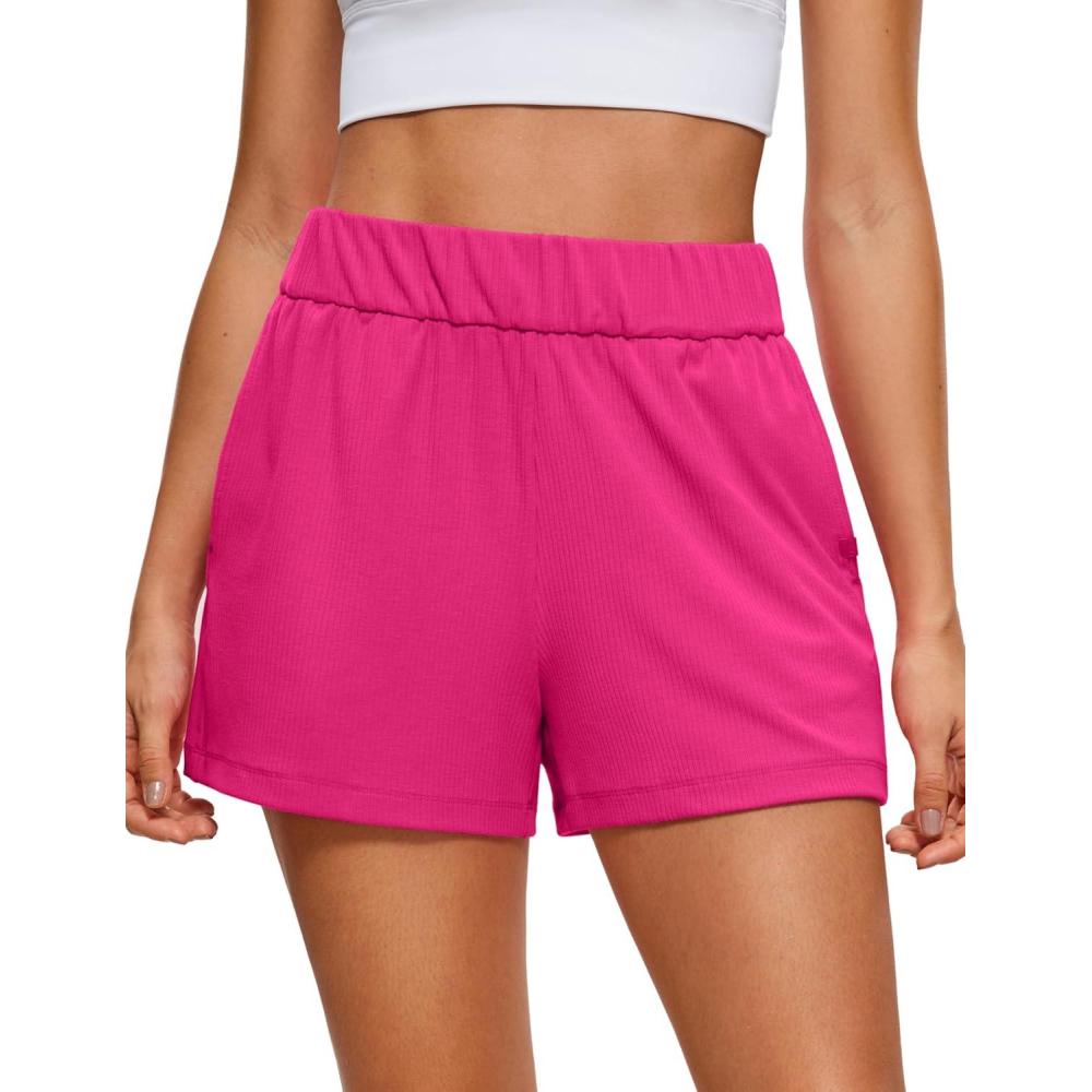 imageCRZ YOGA Comfy Ribbed Sweat Shorts for Women 3quot High Waisted Lyocell for Casual Lounge Athletic Jersey with PocketsGranita Pink