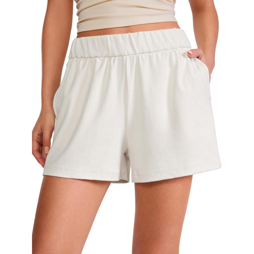 imageCRZ YOGA Comfy Ribbed Sweat Shorts for Women 3quot High Waisted Lyocell for Casual Lounge Athletic Jersey with PocketsMilky White Bone
