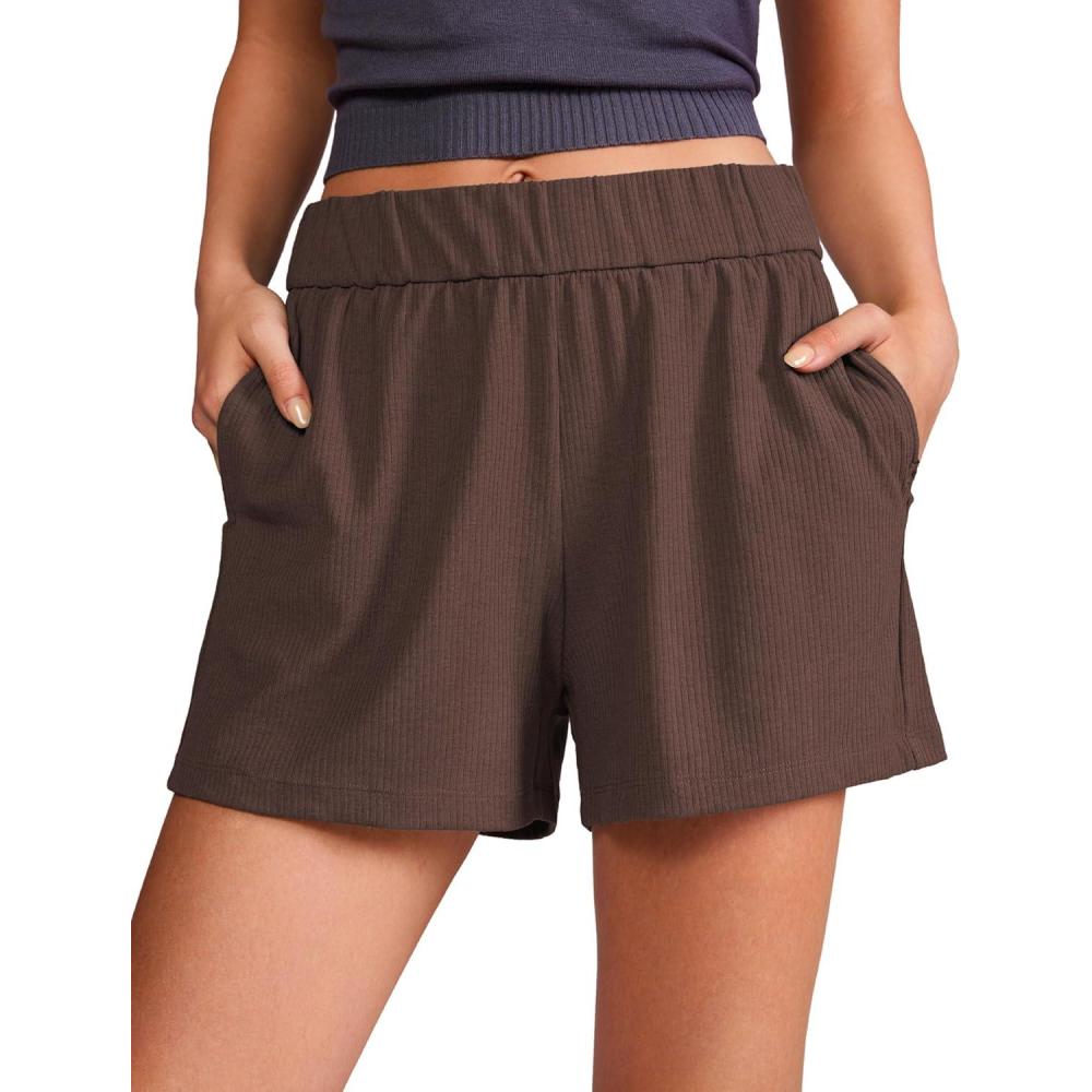 imageCRZ YOGA Comfy Ribbed Sweat Shorts for Women 3quot High Waisted Lyocell for Casual Lounge Athletic Jersey with PocketsTaupe