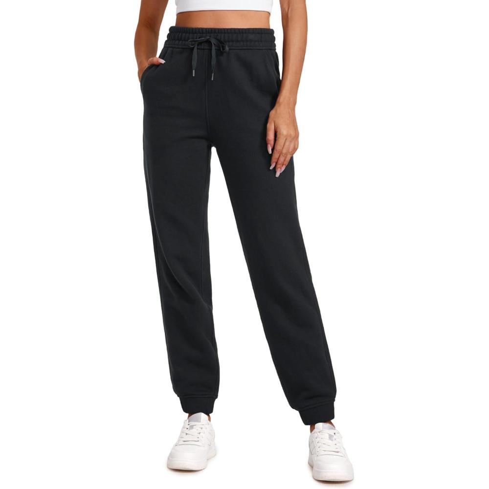 imageCRZ YOGA Cotton Fleece Lined Sweatpants Women High Waisted Warm Casual Lounge Jogger Pants with PocketsBlack
