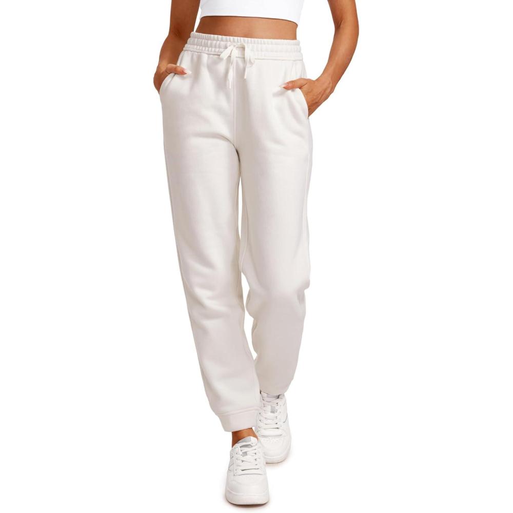 imageCRZ YOGA Cotton Fleece Lined Sweatpants Women High Waisted Warm Casual Lounge Jogger Pants with PocketsMilky White Bone