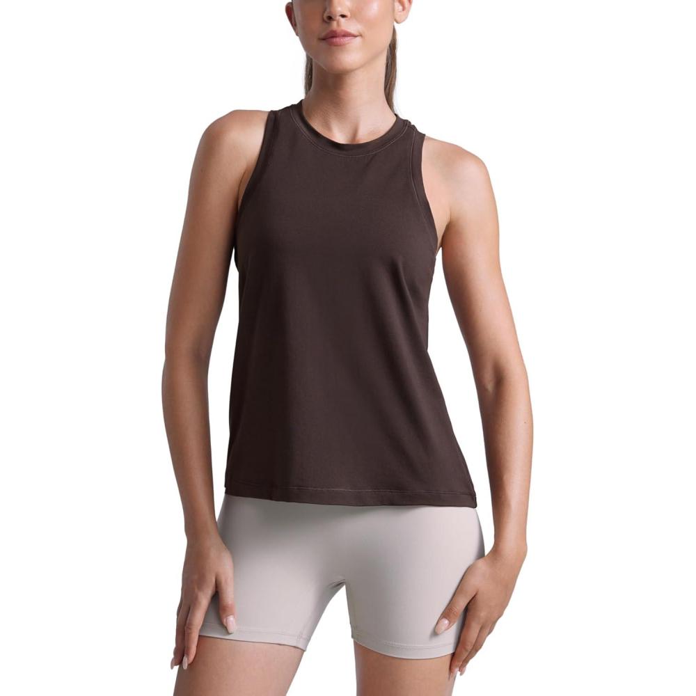 imageCRZ YOGA CottonBlend Workout Racerback Tank for Women Athletic High Neck Breathable Tops Casual Basic Sleeveless ShirtsHot Fudge Brown