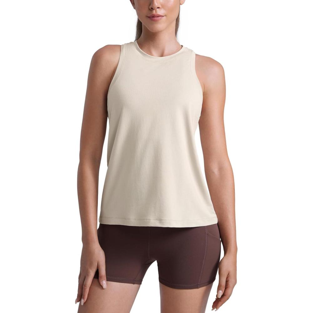 imageCRZ YOGA CottonBlend Workout Racerback Tank for Women Athletic High Neck Breathable Tops Casual Basic Sleeveless ShirtsMojave Tan