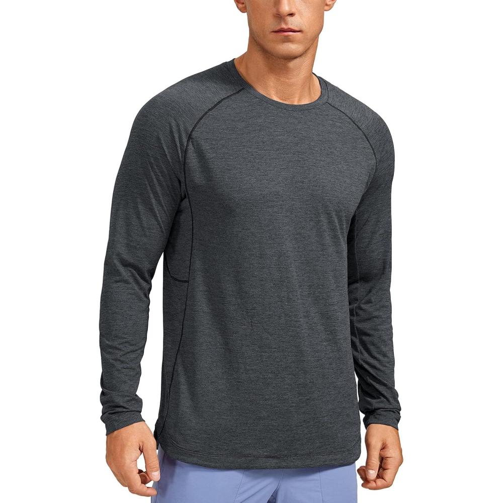 imageCRZ YOGA Crewneck Workout Long Sleeve Shirts for Men Quick Dry Running Athletic TShirts Lightweight Basic TopsCarbon Heather