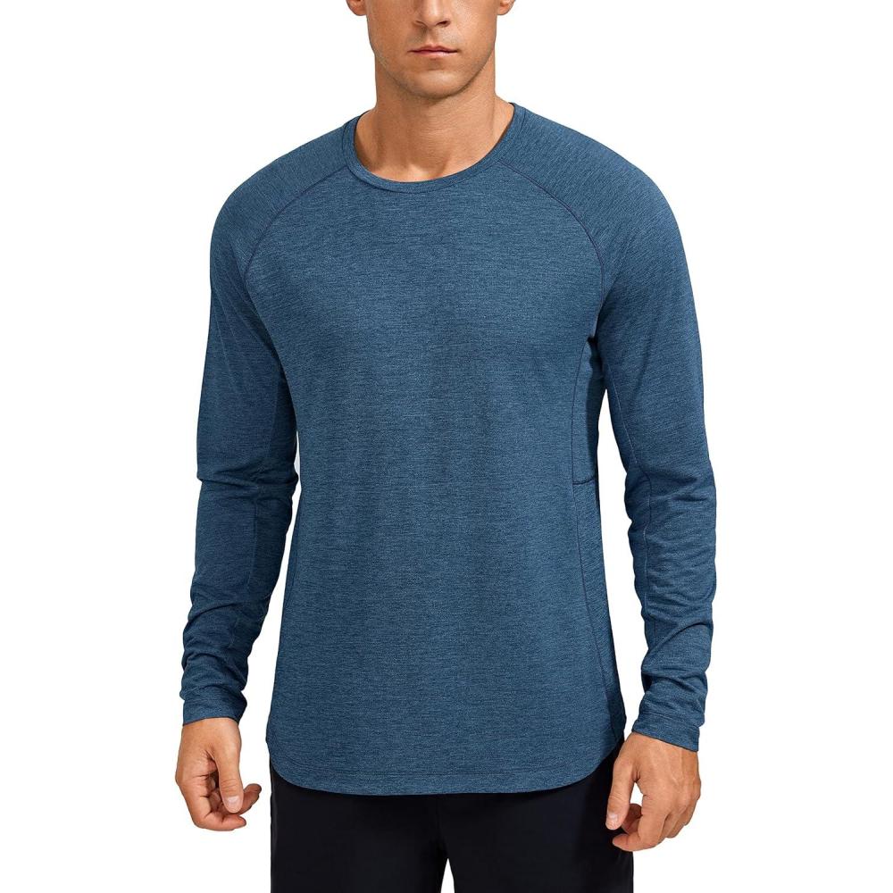 imageCRZ YOGA Crewneck Workout Long Sleeve Shirts for Men Quick Dry Running Athletic TShirts Lightweight Basic TopsOcean Blue Heather